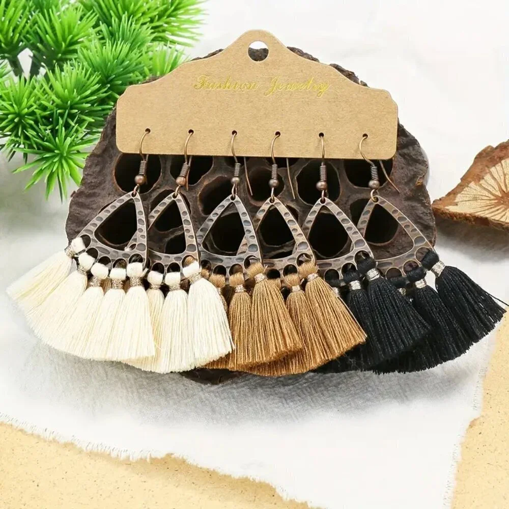 NEW 3 pair BOHO tassel bronze triangle earrings, tassel earrings, retro jewelry